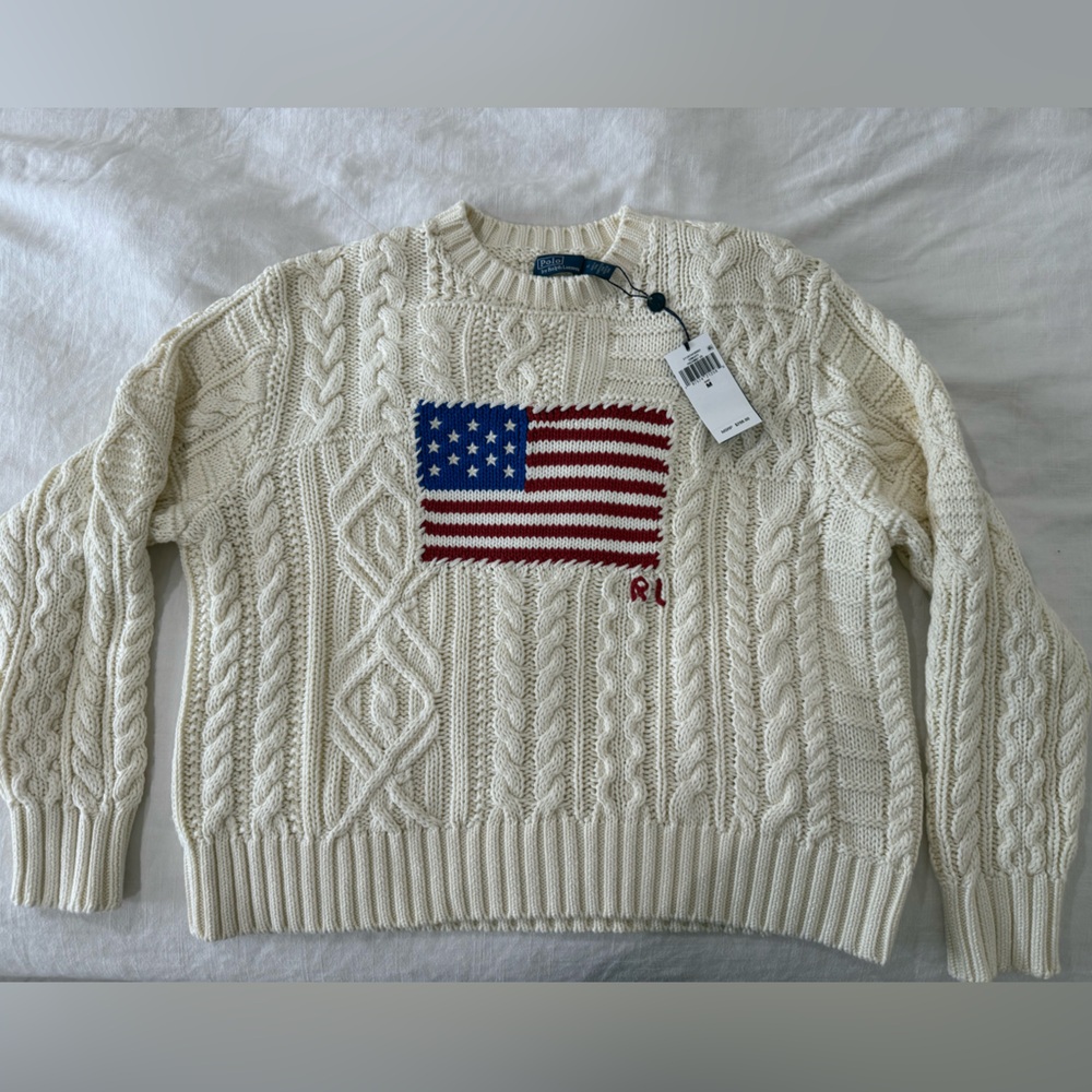 Polo by Ralph Lauren Ivory Cable Knit Sweater with Flag